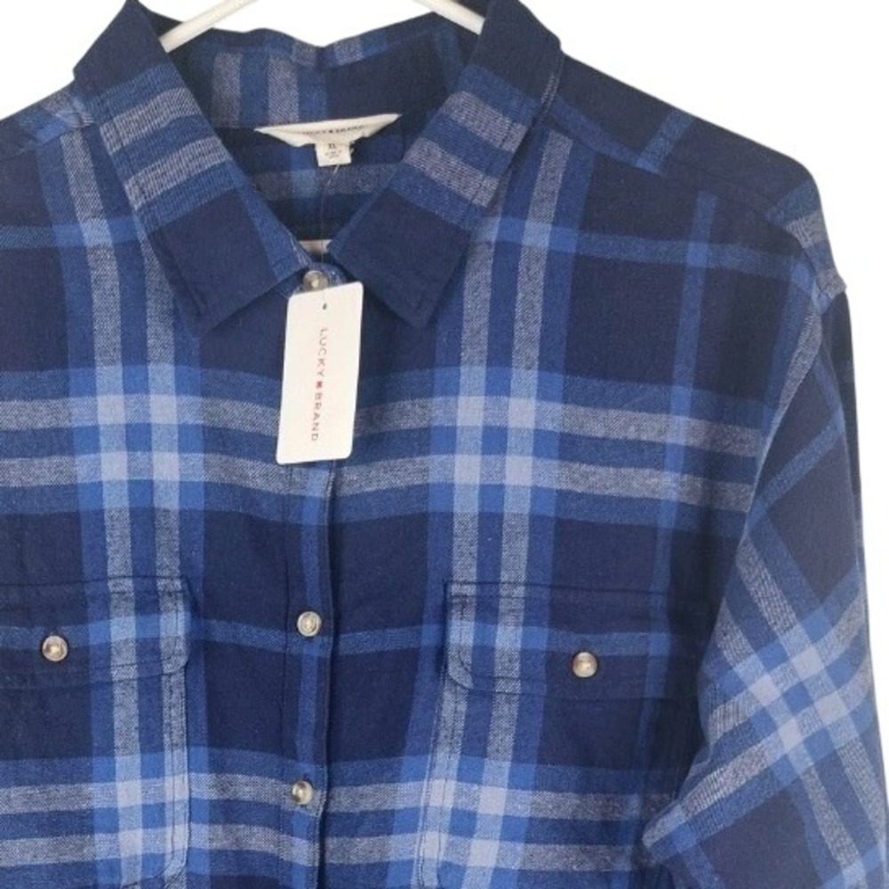 Lucky Brand Women's XL Blue Plaid Flannel Shirt 100% Cotton Cropped Button Down